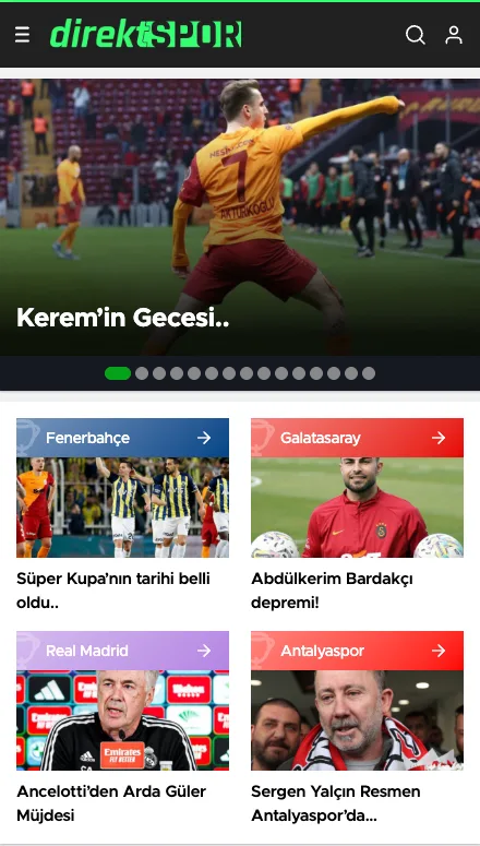 Direkt Spor mobil: manşet ve takım sayfaları
