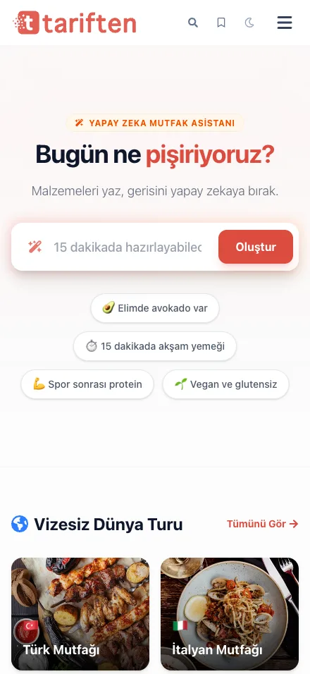 Tariften mobil ana sayfa: yapay zekâ asistanı ve dünya mutfakları seçkisi